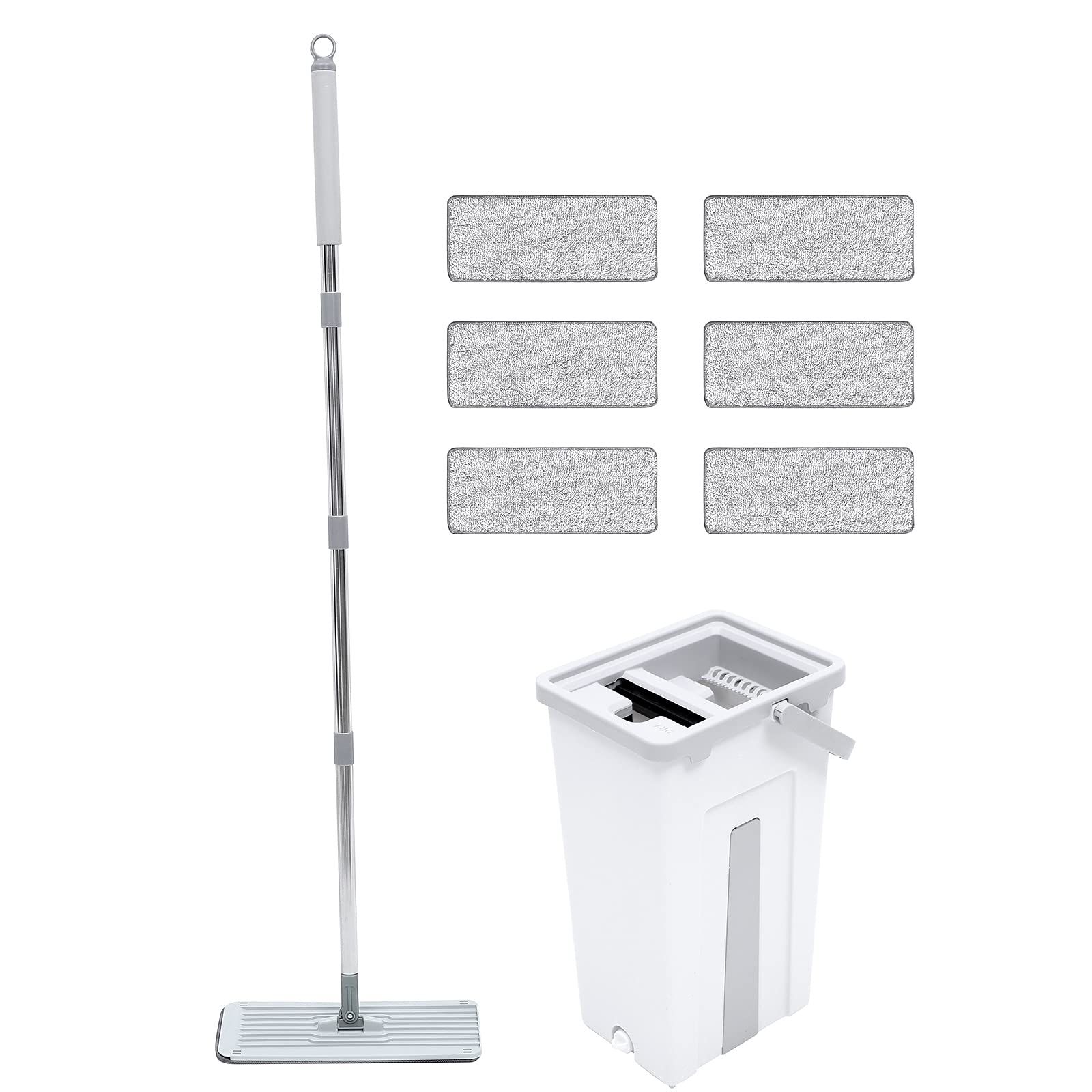 Rotierender Mikrofasermopp mit Eimer und Auswringfunktion mit 6 Ersatzbezügen aus Kunststoff und Edelstahl Praktischer Wischmopp für Einfache Bodenreinigung Zuhause