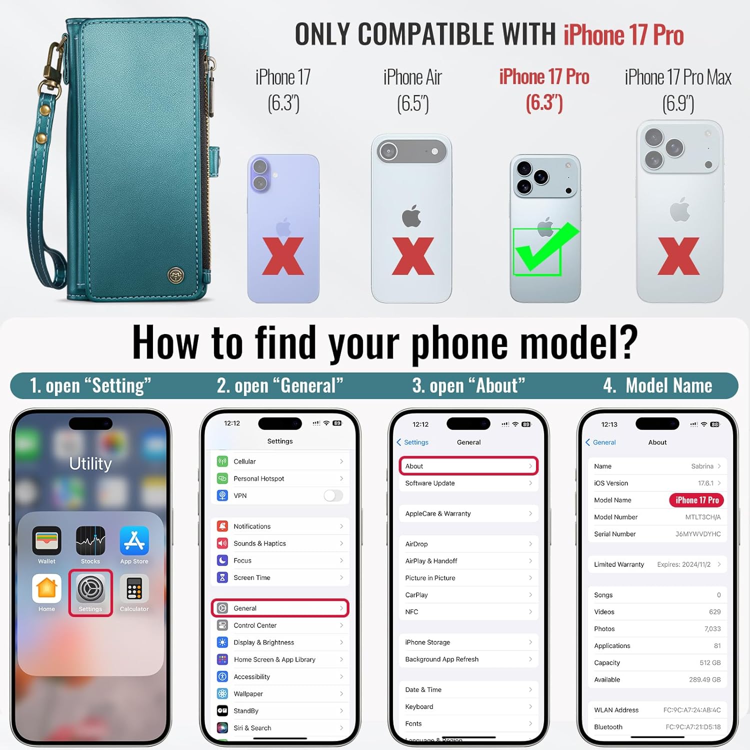 Defencase Compatible with iPhone 17 Pro Case Wallet with RFID Blocking Card Holder for Women and Men, PU Leather Magnetic Snap Flip Zipper Strap Wallet Phone Case for iPhone 17 Pro 6.3, Blue Green