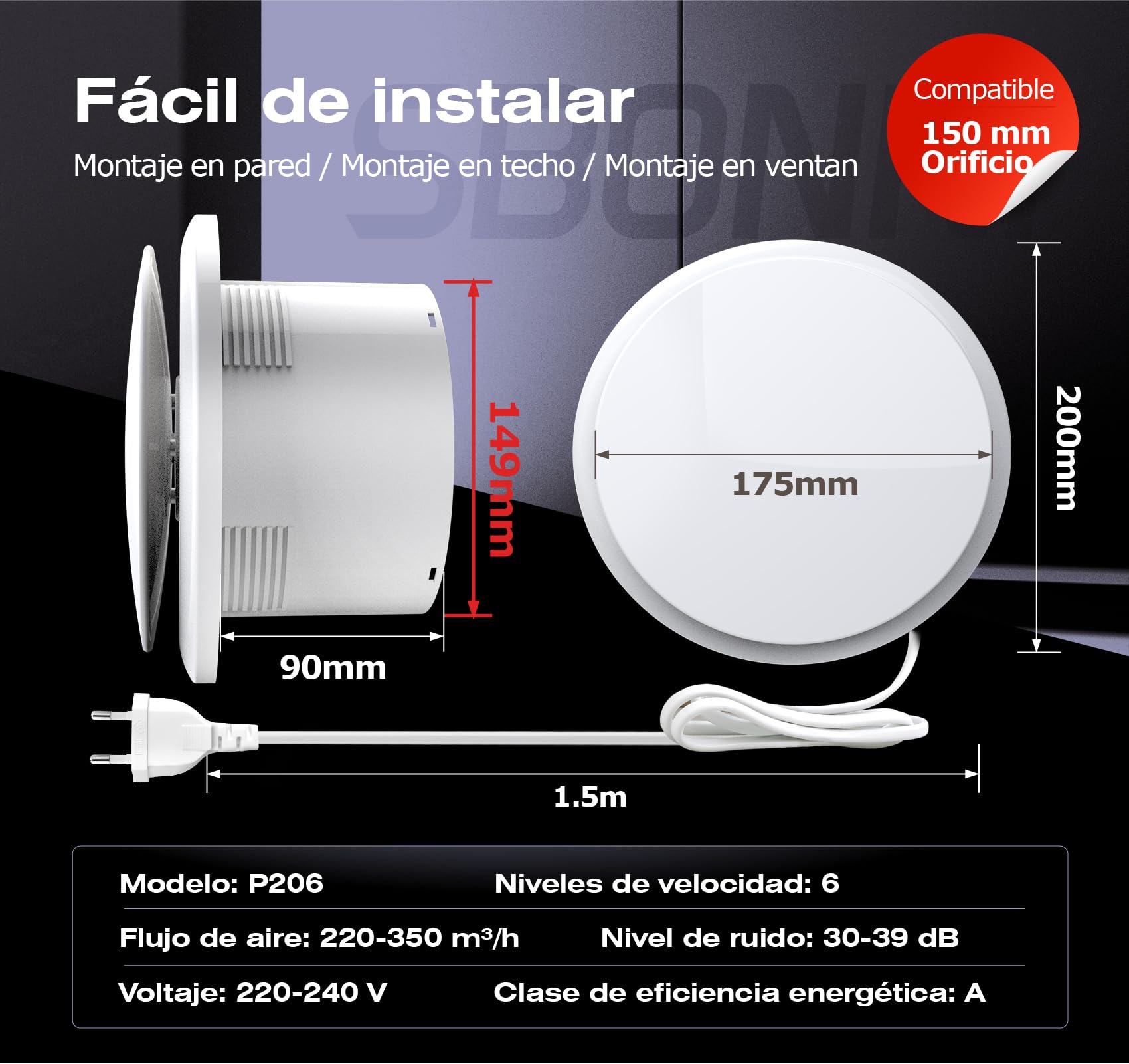 Extractor de Baño 150 mm Reversible, 6 Velocidades, Indicador Luminoso, Extractor de Aire con Mando a Distancia, Memoria Inteligente, IPX4, Silencioso Ventilador Baño WC Garaje Sótano
