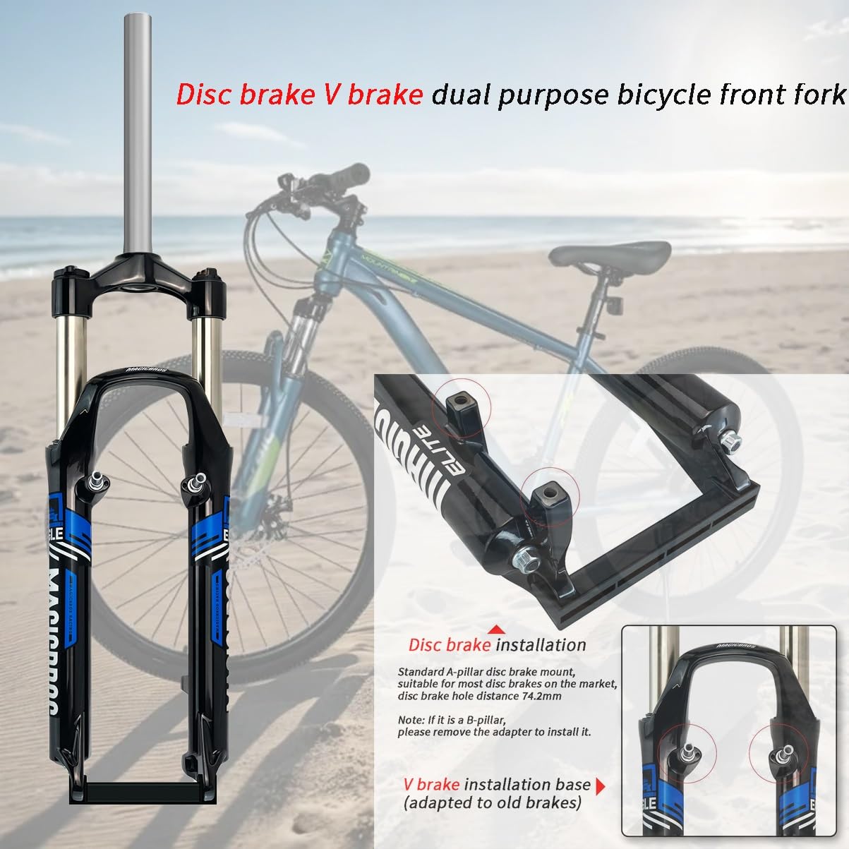 Fourche Suspendue pour VTT 26 Pouces, débattement de 100 mm, Tube Droit, Blocage Rapide Avant, Freins à Disque V-Brake 9*.