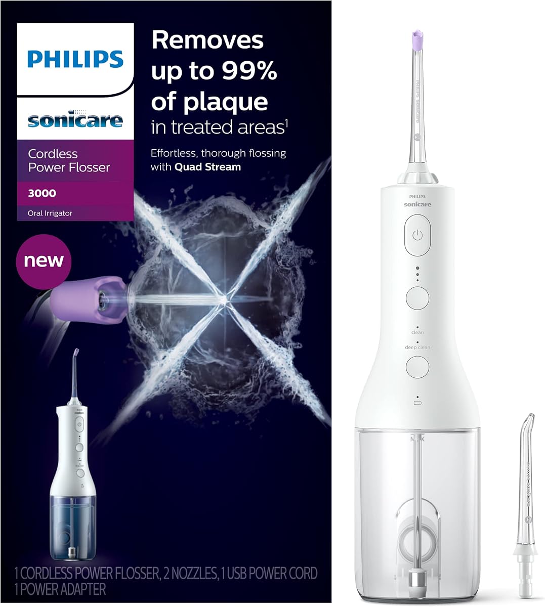 Inalámbrico Power Flosser 3000, Irrigador Oral con Innovadora Tecnología Quad Stream, Irrigador Oral con 2 Modos de Uso de Hilo Dental y 3 Niveles de Intensidad, Diseño Ergonómico, Blanco, HX3806/21
