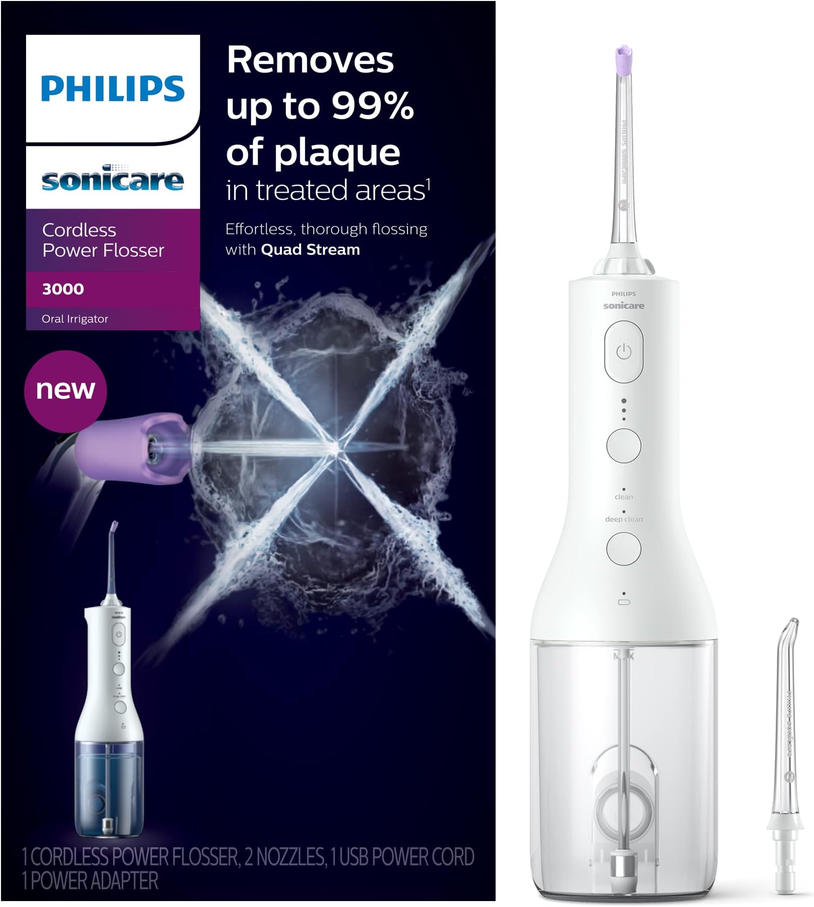 Philips Sonicare Cordless Power Flosser 3000, Water Flosser with Innovative Quad Stream Technology, Oral Irrigator with 2 Flossing Modes and 3 Intensity Levels, Ergonomic Design, White, HX3806/21