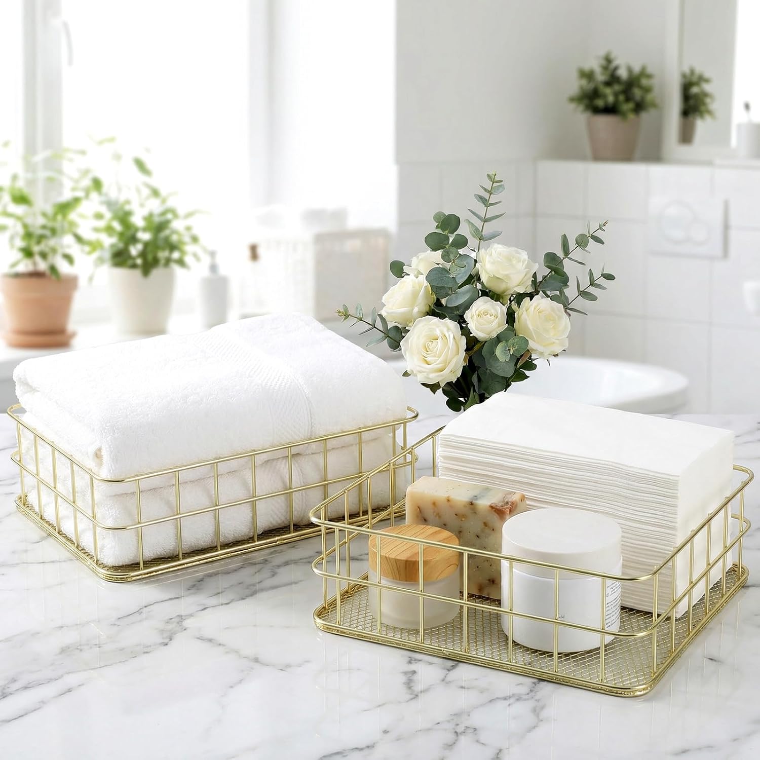 Gold Basket Set of 3 - Gold Bathroom Decor & Desk Organizer, Large Wire Mesh Storage Bins for Cosmetics, Stationery, Office Supplies (9.65x6.5x2.55in)