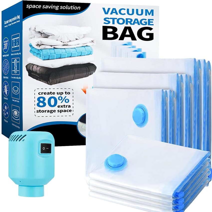Sacchetti sottovuoto per vestiti con pompa ad aria elettrica 10 Sacchetti, 2XL+2L+2M+4S Sacchetti Sottovuoto per Coperte, Cuscini, Piumino, Traslochi, Trapunte, Viaggi