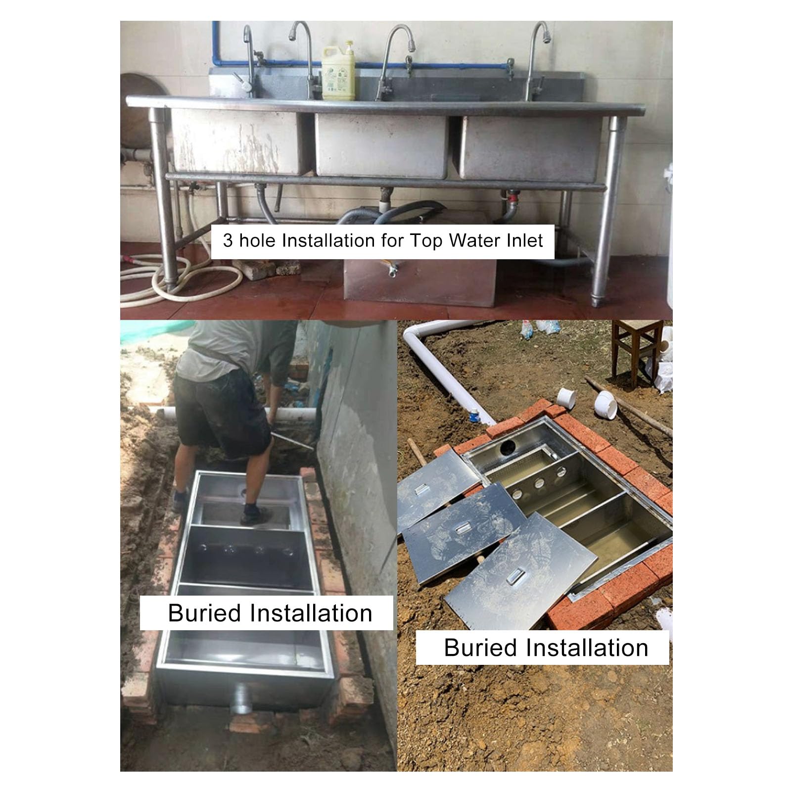 Trampa de Grasa 400x250x230mm, Interceptor de Grasa Comercial Filtración de 3 Niveles Separador de Aguas Residuales de Acero Inoxidable para Cocina Doméstica, Restaurante, Fábrica