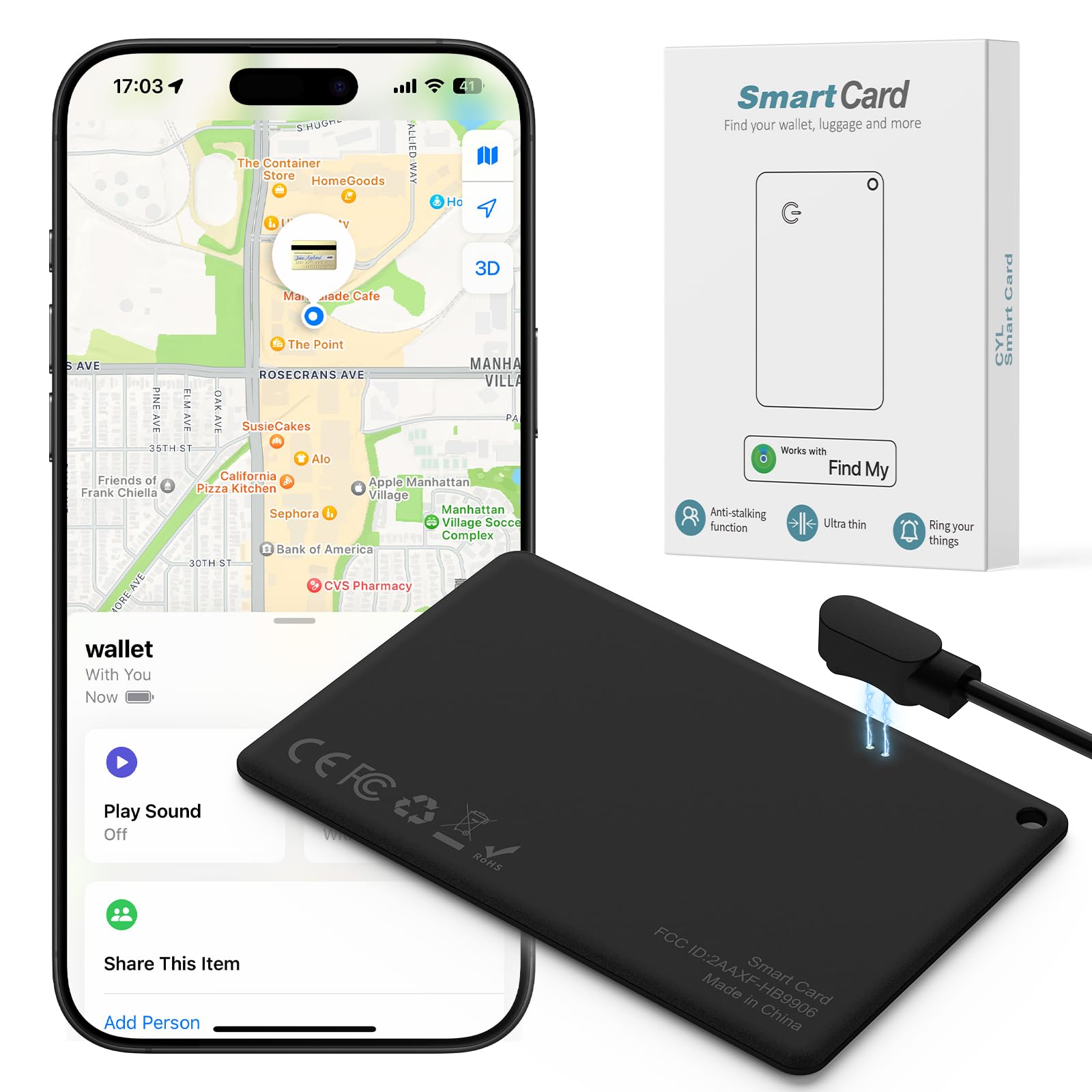 Wallet Tracker Card Works with Apple Find My (iOS Only), Rechargeable Thin Tracker, Item Locator for Wallet Luggage, Passport Laptops, Magnetic Charging for iPhone Devices