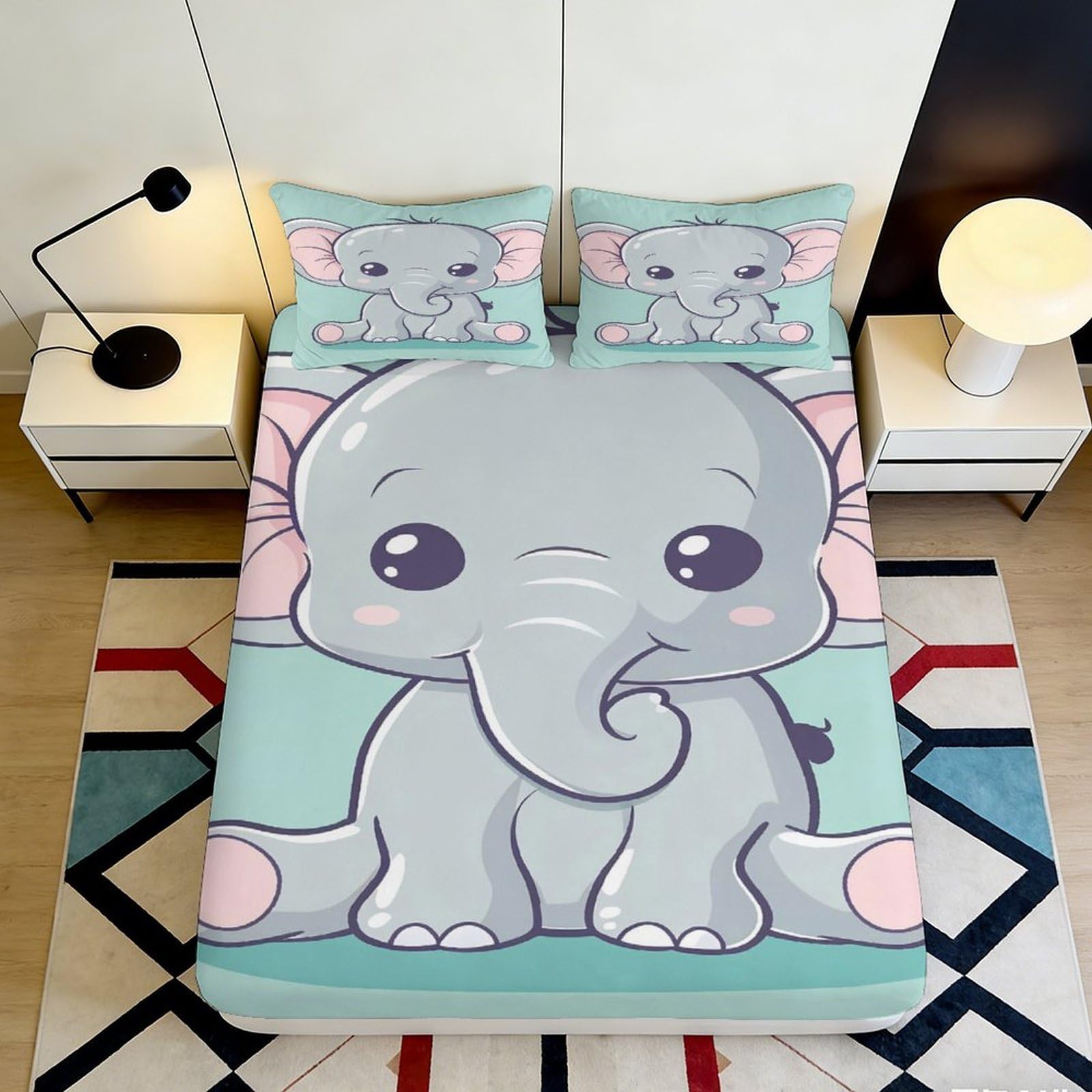 3D Printed Cute Elephant Fitted Sheet Microfiber Soft Anti-Slip Cartoon Animal Mattress Cover for Bedroom Guestroom Decor 120x200cm 160x200x25cm