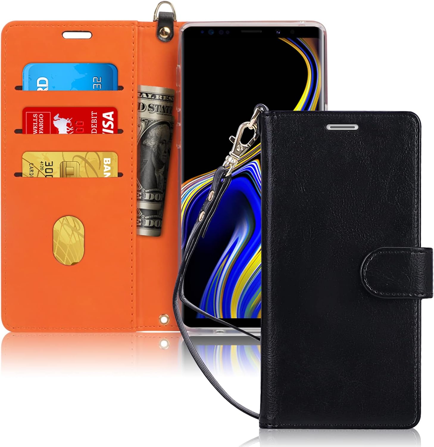FYY Case for Samsung Galaxy Note 9, [Kickstand Feature] Luxury PU Leather Wallet Phone Case Flip Protective Cover with [Card Holder] [Wrist Strap] for Samsung Galaxy Note 9 Black