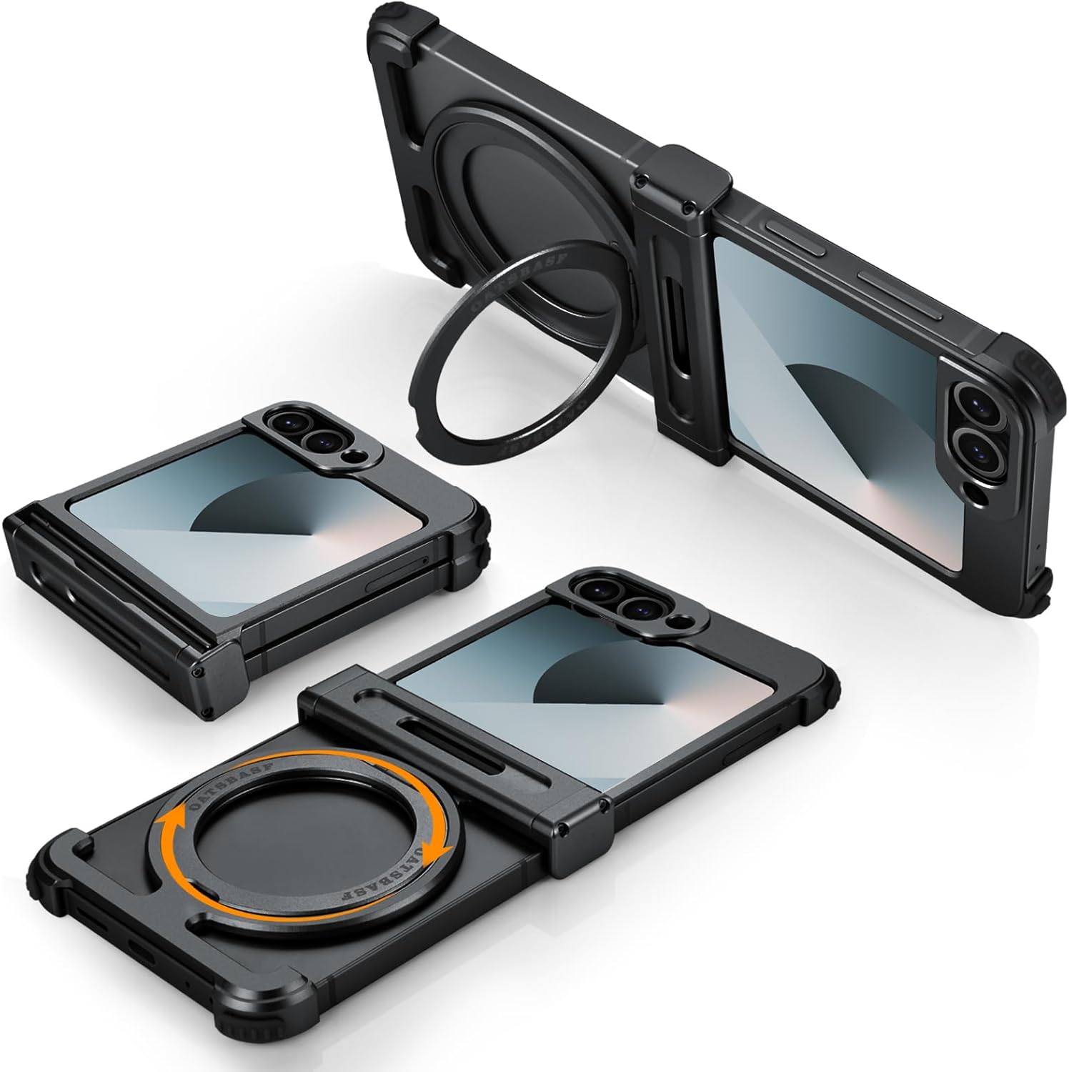 for Samsung Z Flip 6 Case with Hinge Protection Magnetic Ring Stand Rotatable, Z Flip6 Case Kickstand Slim Thin, Aluminum Shockproof Protective Phone Case for Galaxy Z Flip 6 2024 - Black