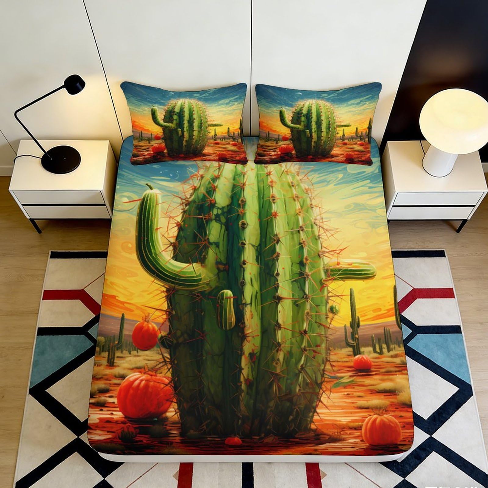 3D Printed Cactus Desert Scene Fitted Sheet Microfiber Orange Sunset Mattress Cover Anti-Slip Machine Washable for Bedroom Guest Room Decor 180x200x25cm