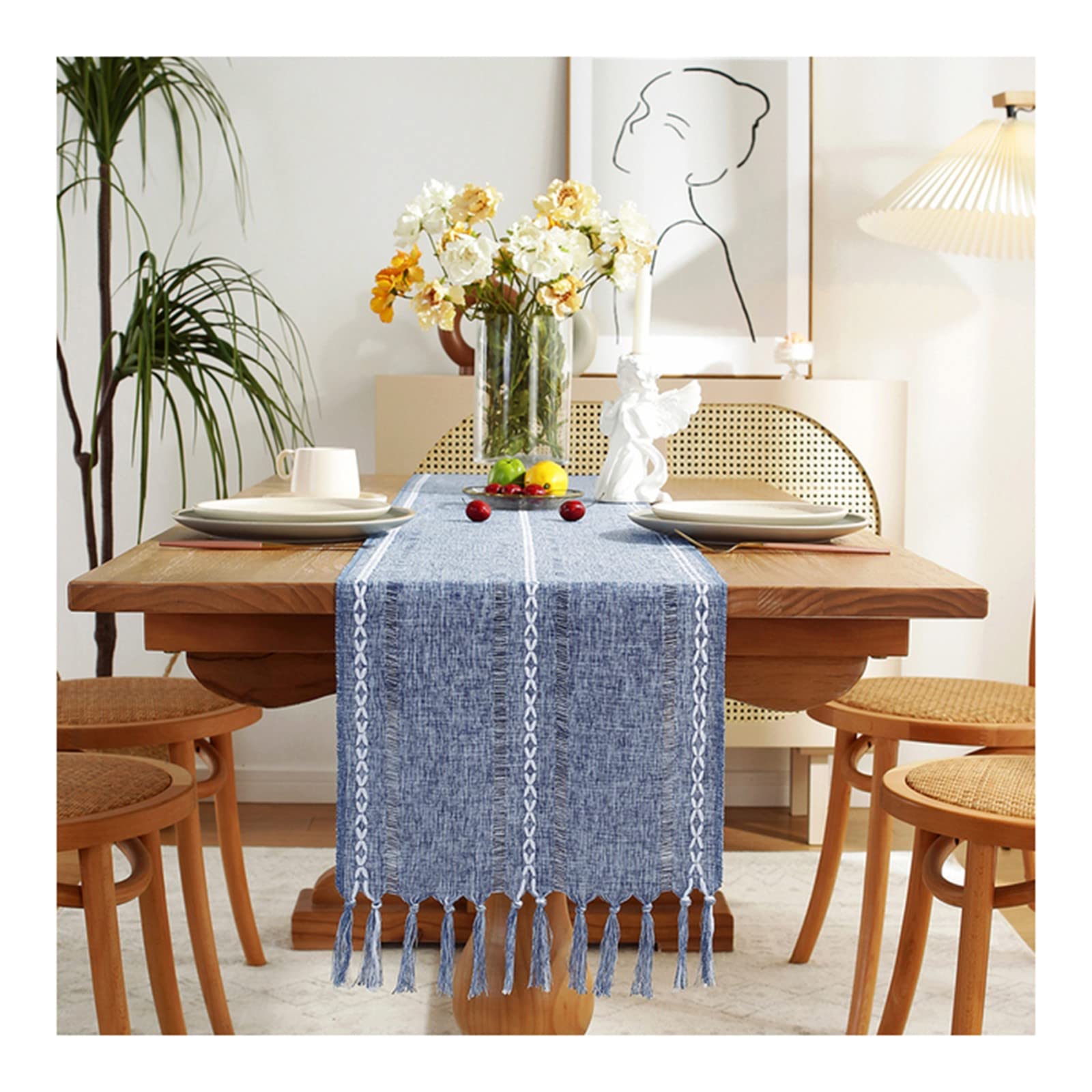 Chemin de table moderne en lin avec pampilles faites main pour chic rustique