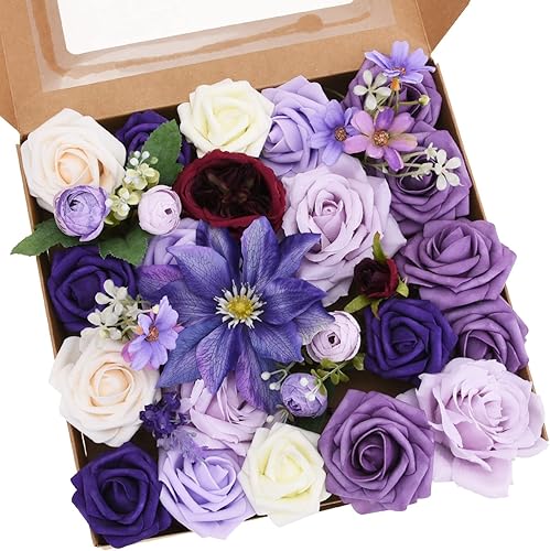 Jspupifip Juego de cajas combinadas de flores artificiales ramos de flores de seda falsas con hoja de tallo para bricolaje centros de mesa de boda