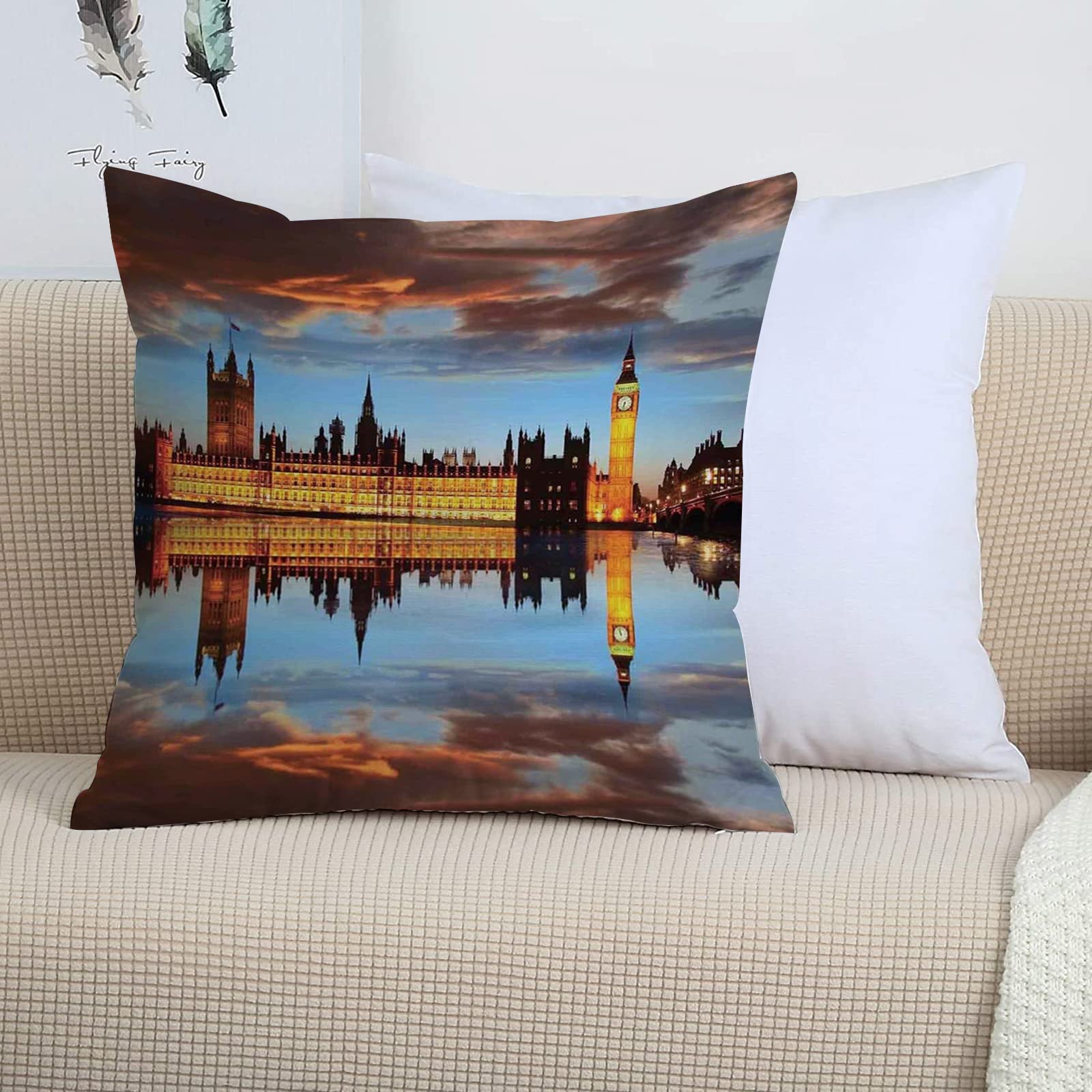 2 Pack Polyester Pillowcases,London,Splendent Scene of Big Ben Westminster Cloudy Night Thames River Image,Warm Taupe Or,Super Soft and Cozy, Wrinkle, Fade, Envelope Closure Bed Pillow Cases, 45x45 cm