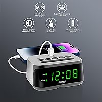 Vista 2 de Sharp Reloj despertador digital con puerto de carga USB-C súper rápido y pantalla LED verde