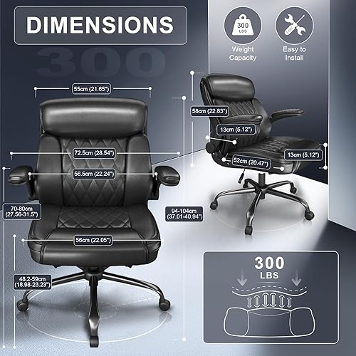 Miniatura 2 de Executive Office Chair, Comfy Leather Ergonomic Home Computer Desk Chair with Lumbar Support and Flip-up Arms, 360 Swivel and Adjustable Height, Mid