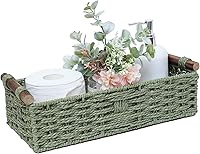 STOBSK Handmade Green Paper Rope Storage Basket with Handle - Round Wicker Organizer for Toilet Tank Top, Kitchen Counter, Bathroom Essentials