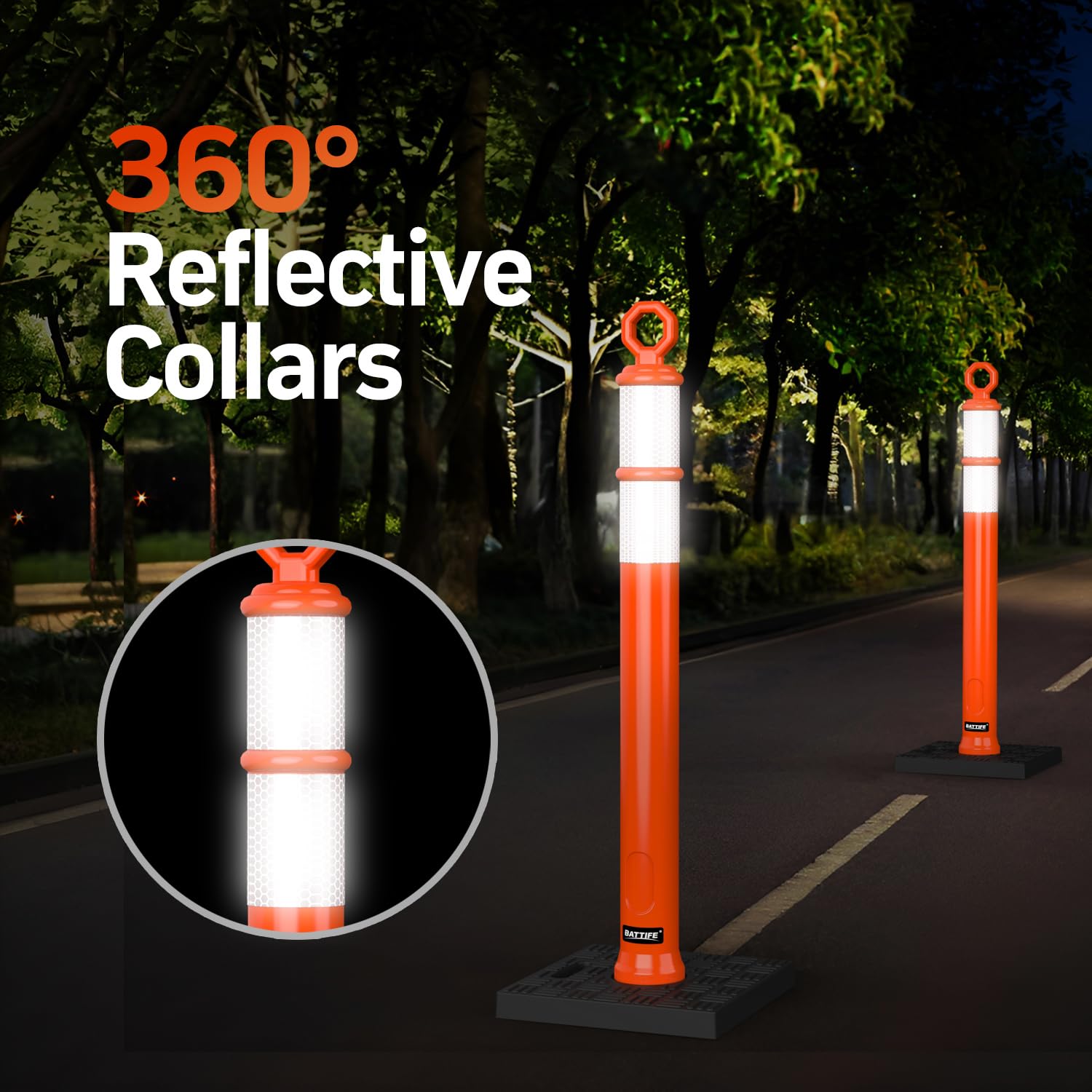 BATTIFE 3 Pack 42 Inch Orange Traffic Delineator Posts with Reflective Collars and Base, Safety Cones for Construction Zones and Driving Practice 42 inch Orange 3