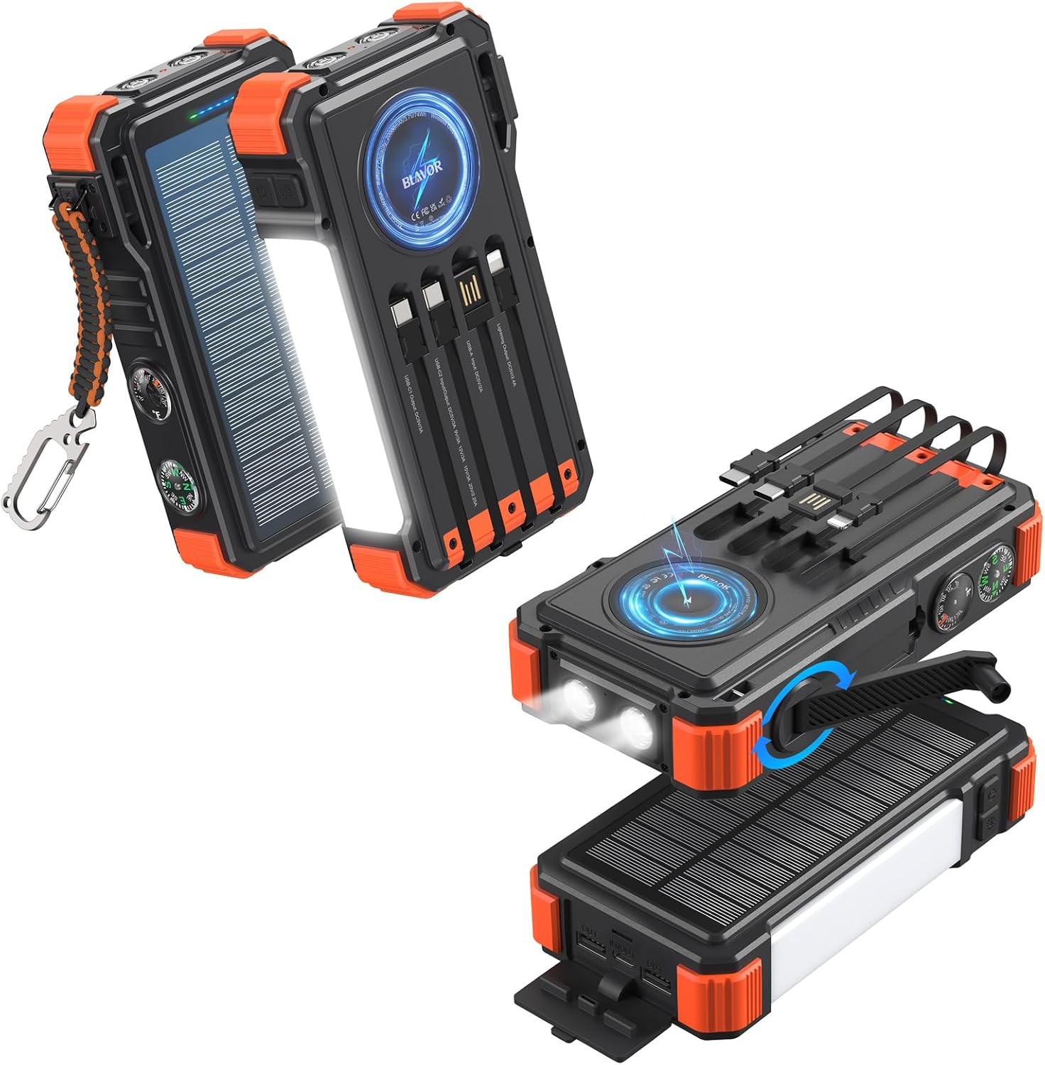 BLAVOR Solar Power Bank with Hand Crank Plug 45W Solar Charger Power Bank 20000mAh Orange