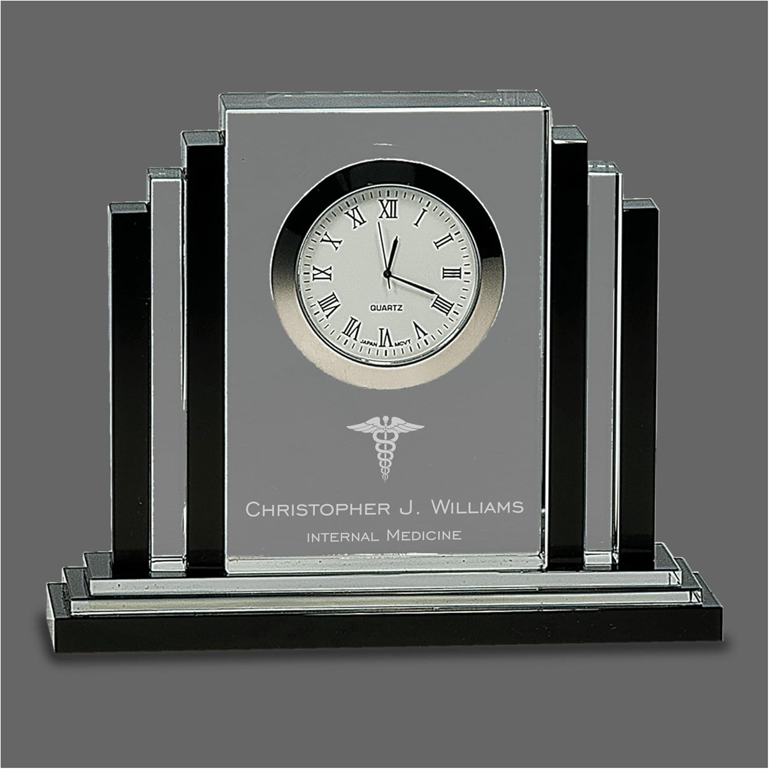 Personalized Crystal Clock for Medical Field, Engraved Glass Desk Clock with Caduceus Symbol and Custom Text for Doctor Nurse, Office Decor, Graduation Gifts
