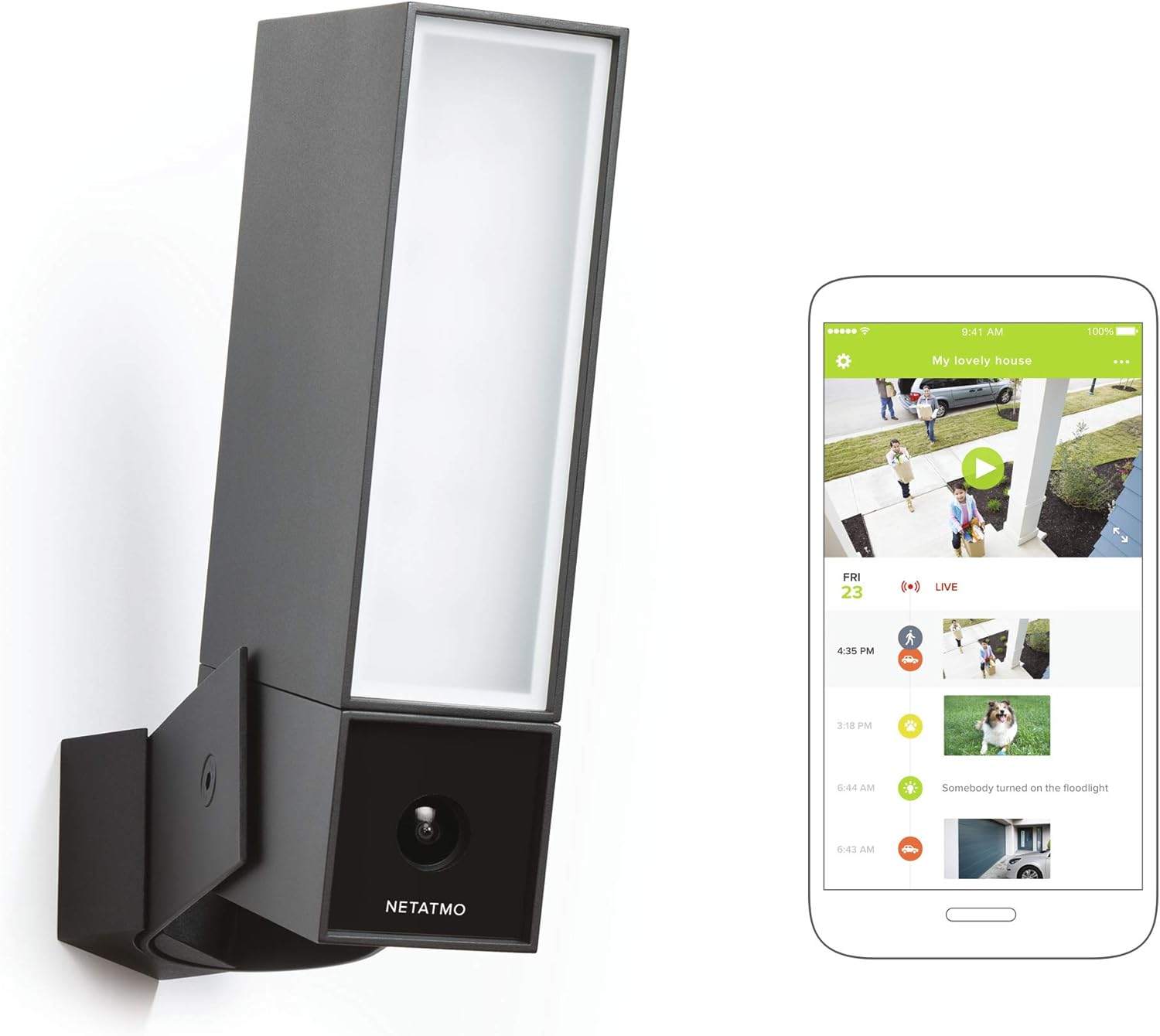 Netatmo Presence camera with a smartphone displaying the Netatmo Security app, showing detected events like people, pets, and vehicles.