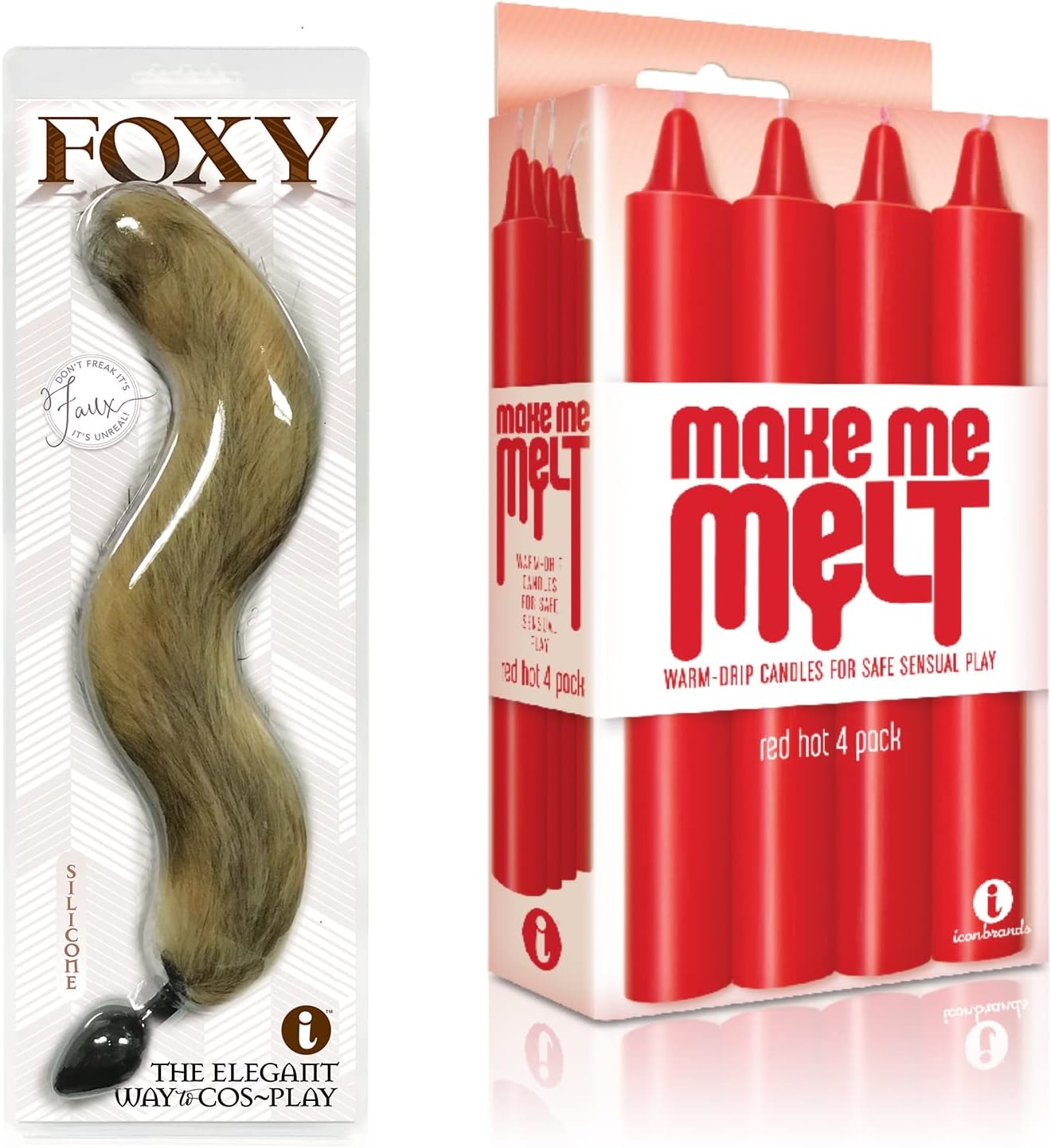 Sex Toy Bundle of Foxy, Soft Gold Faux-Faux Fur Fox Tail with Silicone Butt Plug for Anal Play, Kinky Foreplay or Role-Play Fantasies! and Make Me Melt Sensual Warm-Drip Candles, 4 Pack, Red Hot