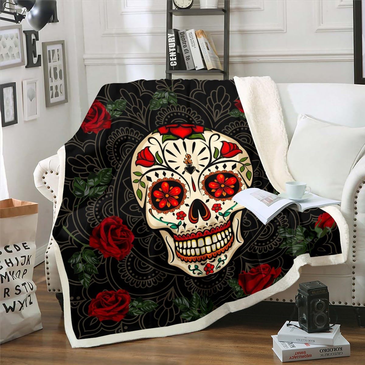 Sugar Skull Sherpa Blanket Gothic Skull Flannel Blanket Rose Floral Skull Retro Plush Blanket For Room Decor Skulls Bone Bed Blanket Bed Blanket Skull Theme Sherpa Blanket, Black Queen 90"x90"