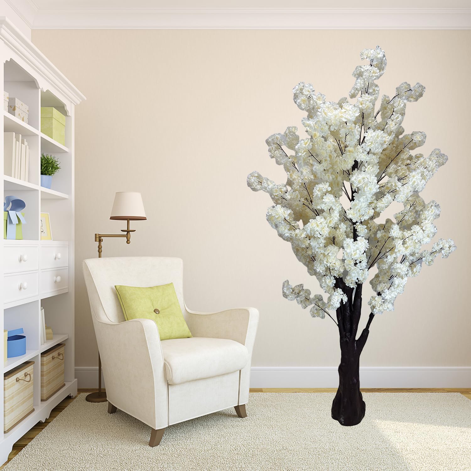 Artificial Cherry Blossom Trees Faux Cherry Blossom Tree White Tree for Office Home Wedding Office Living Room House Indoor Outdoor Decor（6.5ft/2m, Champagne）