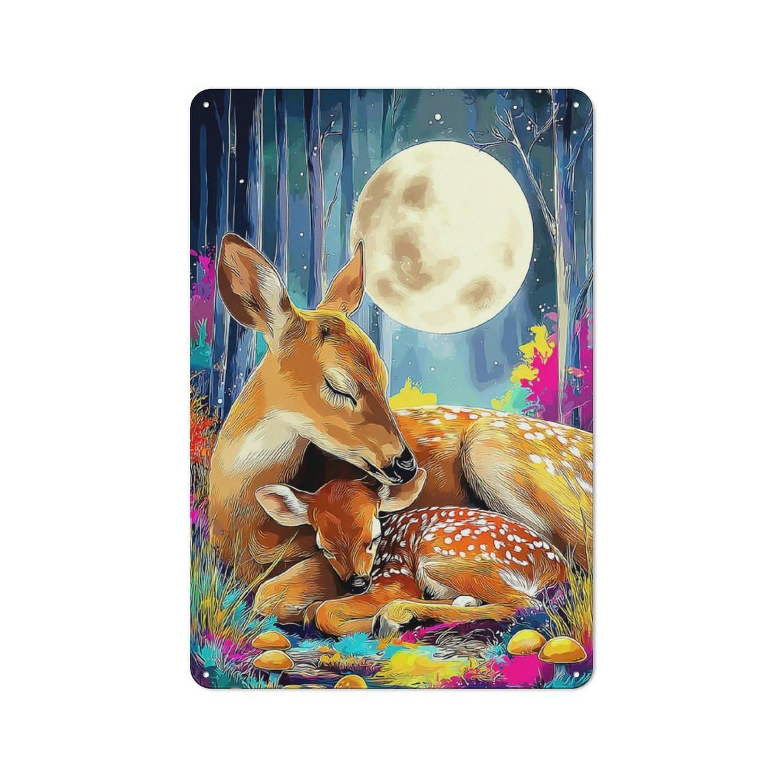 Junmoney Deer Family Under The Moonlit Forest Printed Metal Sign 30X20cm For Lounge Or Reading Corner, A Winter Wall Decor Update For Reading Corner Decorators