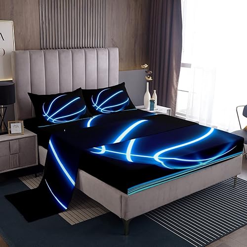 Erosebridal Sábanas deportivas para niños, juego de sábanas de baloncesto neón de tamaño matrimonial, 4 piezas, para niños, adolescentes, sábanas