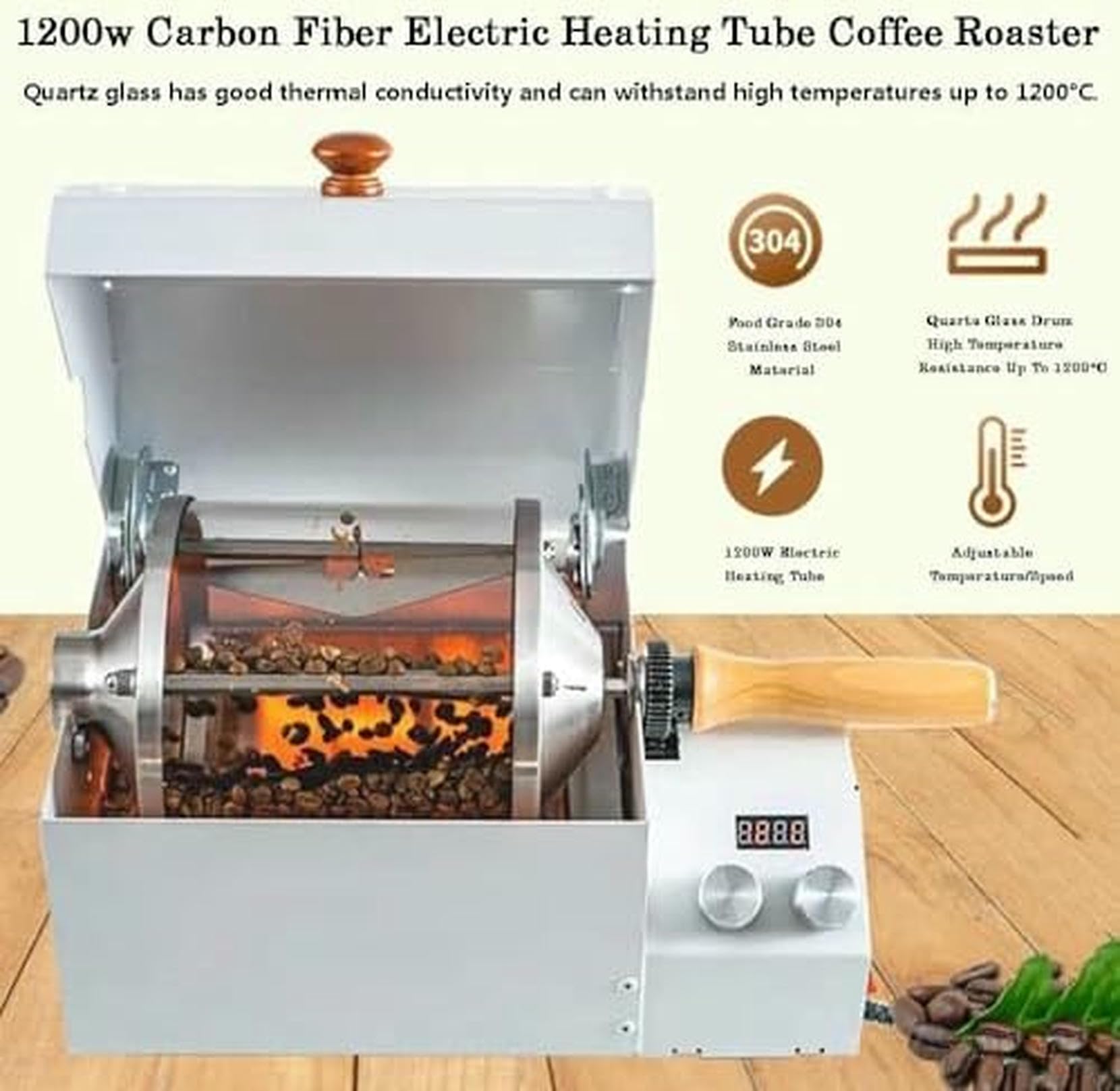 Tostadore Elettrico per caffè, 1200W, Termometro, Tamburo di Vetro al Quarzo, Temperatura E velocità Regolabili per Tostare caffè E Arachidi