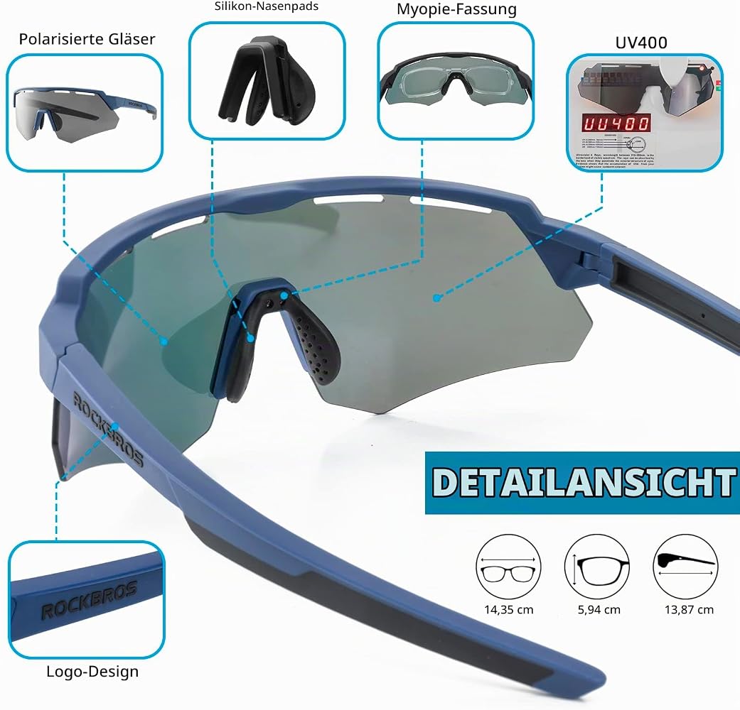 ROCKBROS Polarisierte Fahrradbrille mit 4 Wechselgläser Sonnenbrille Sportbrille für Damen und Herren Sport & Freizeit