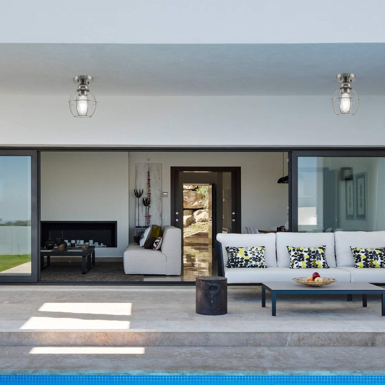 Farmhouse Ceiling Light Fixture, Vintage Semi Flush Mount Ceiling Light, Small Metal Cage Lighting Lamp for Hallway Entryway Kitchen Porch, Nickel Finish, 2-Pack