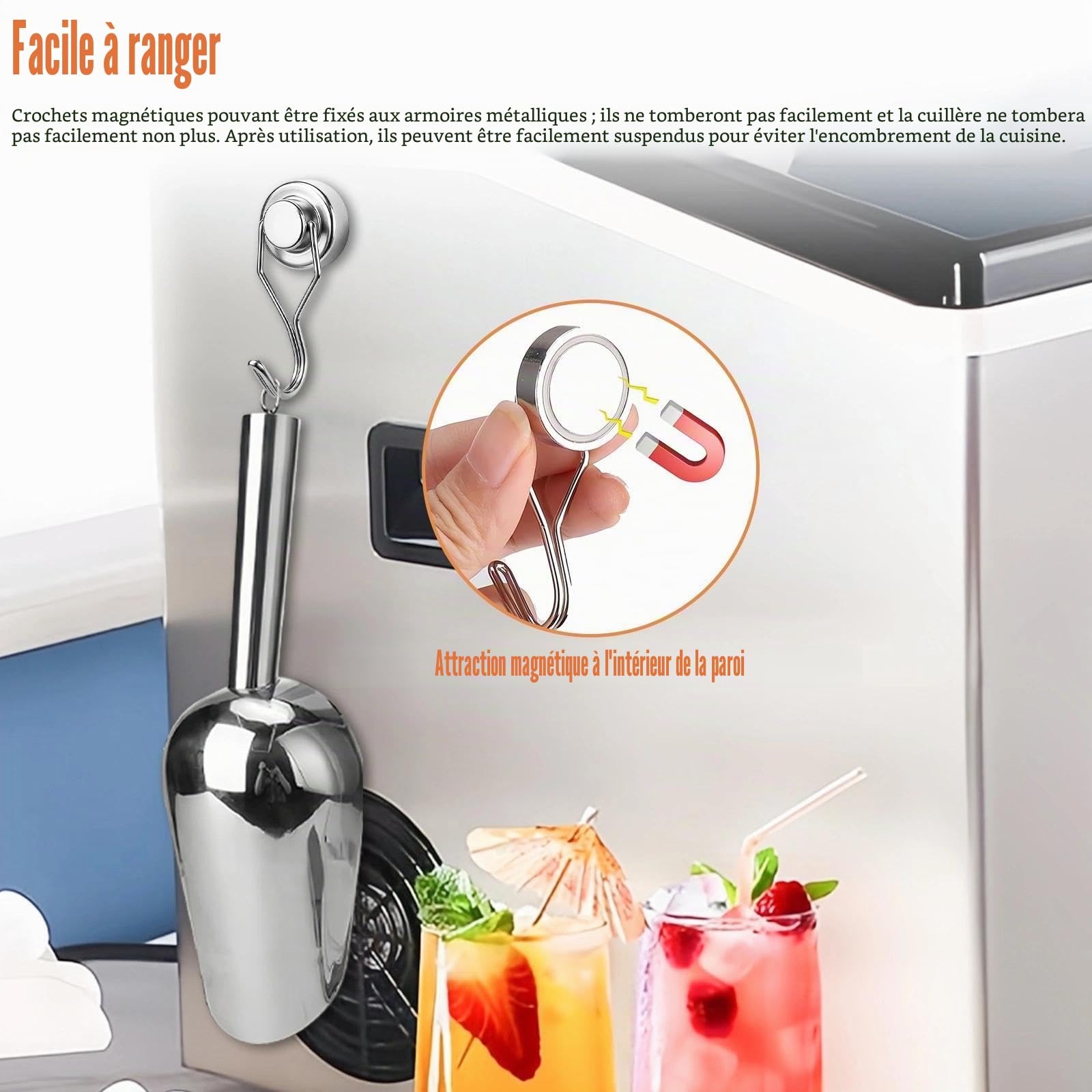 Lot de 2 Pelles à Glaçons 9 Pouces 304 en Acier Inoxydable Pelle à Glace Multifonction Pelle à Glace à Farine avec 2 Pcs Crochets Magnétique pour Cuisine Bar Restaurant
