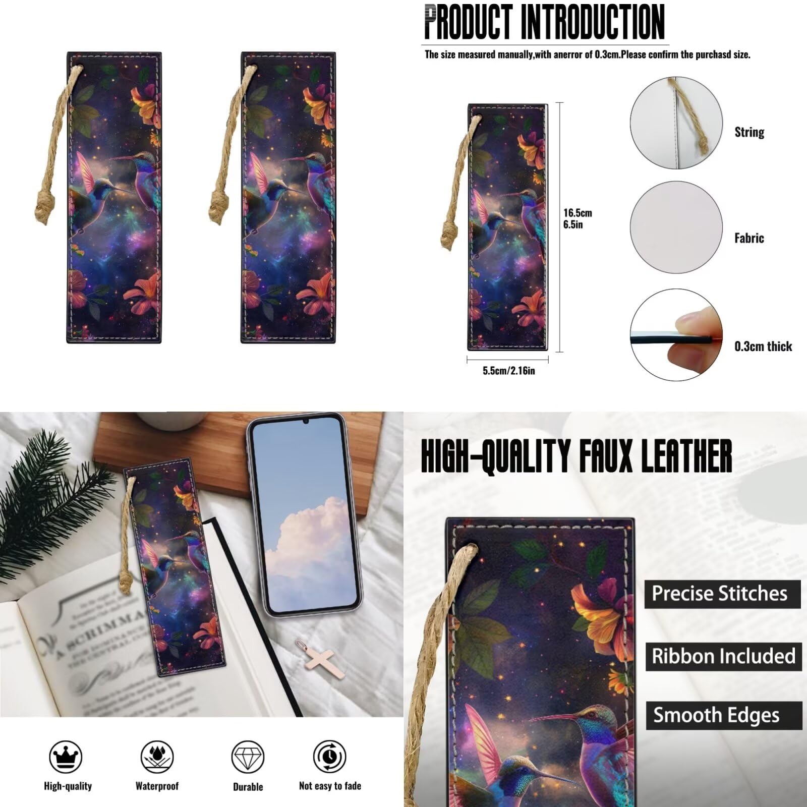 COEQINE Set di 7 custodie in pelle per bibbia con colibrì e segnalibro riutilizzabile, per donne e uomini, colore nero e viola, con fiore