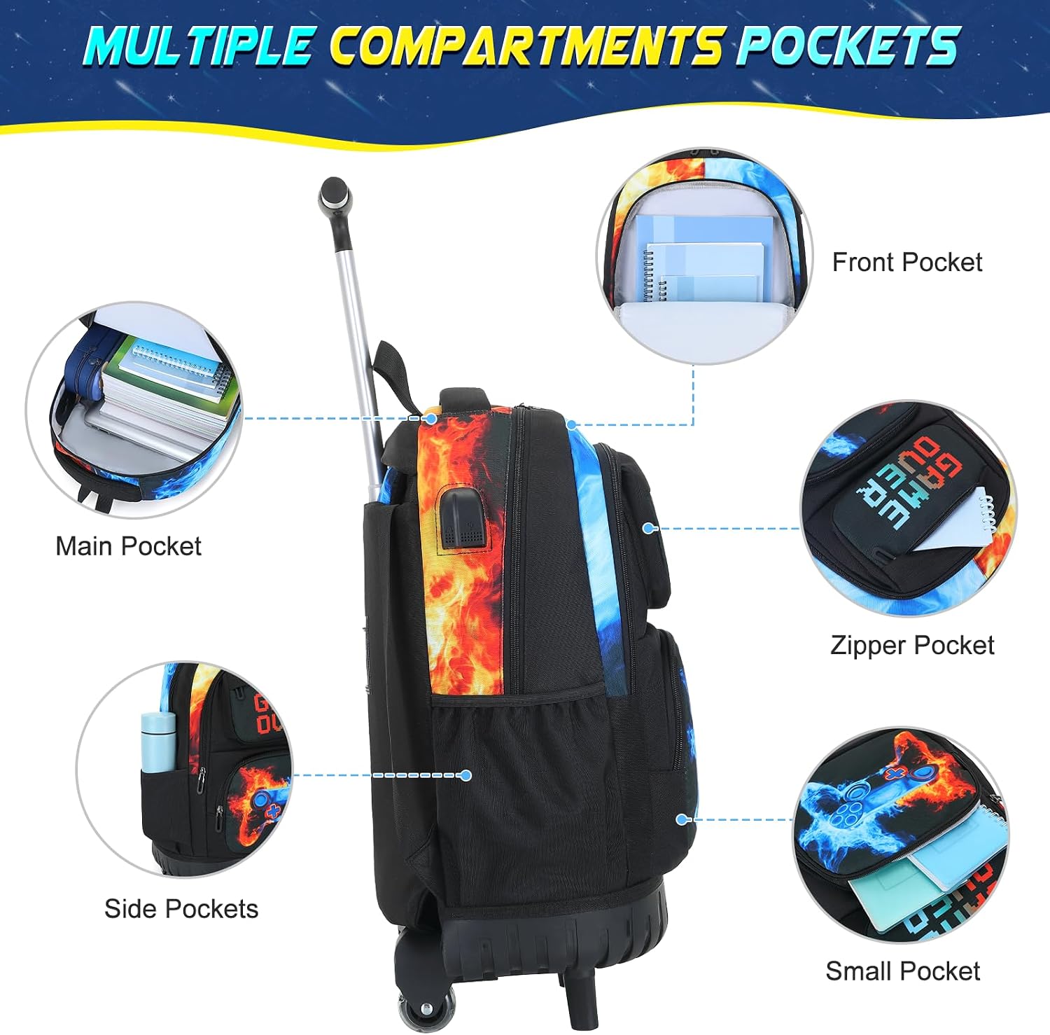 Scothen 3PCS Rolling Backpack for Boys, Cool Gamer Roller Backpack with Wheels, Kids Boy Wheeled Backpacks with Lunch Bag Pencil Case for Teens Bookbag Kindergarten Elementary Middle School image 3