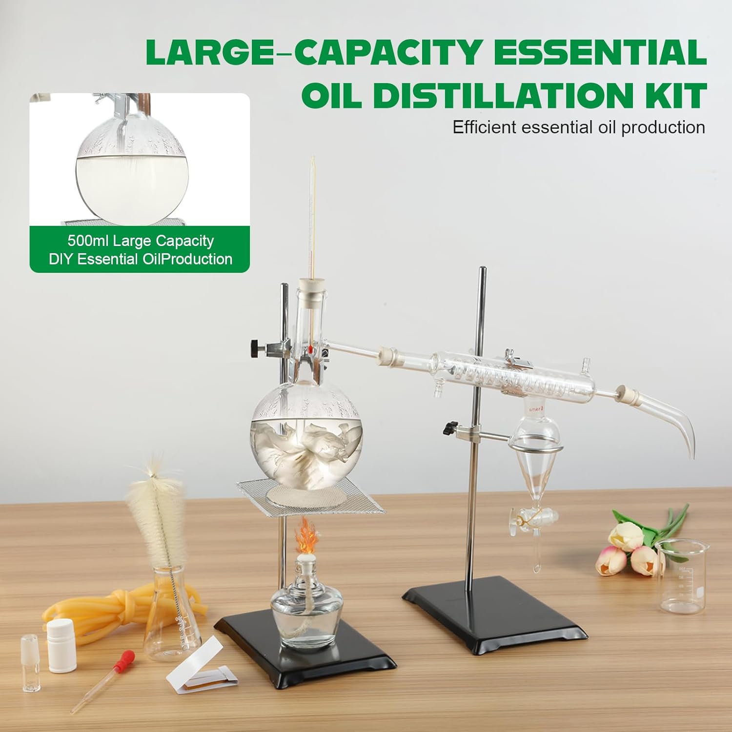 Essential Oil Distillation Kit, 500ml Distillation Apparatus, 3.3 Boro Lab Glassware Distillation Kit with Alcohol Lamp, Ceramic Mesh and 24, 40 Joint, 28 pcs Set