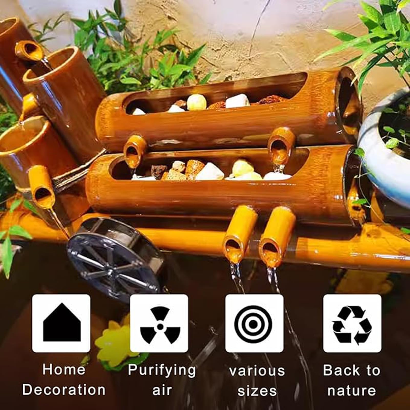 Kit Fontana in bambù, Fontana ad Acqua ad energia Solare con Pompa, Fontana Zen per Interni o Esterni, Effetto Acqua Corrente, per laghetto, Vasca in Pietra, Prato, Giardino, Cortile