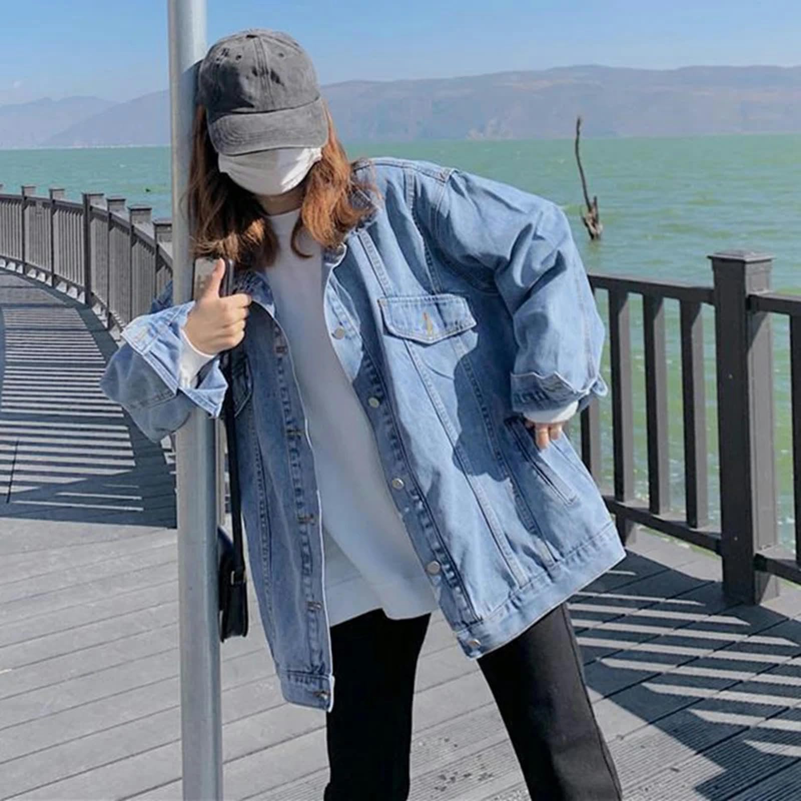 Giacca Uomo Giacca di Jeans Oversize da Donna A Manica Lunga Abbottonata Giunta Jean