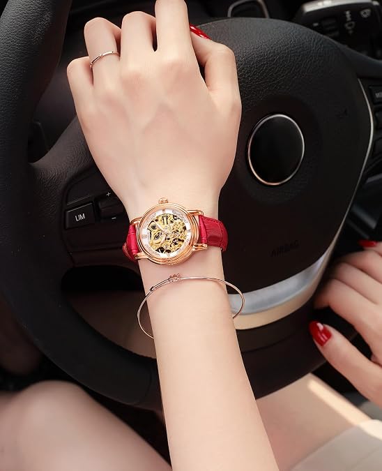 ROCOSJEWE Ladies Luxury Automatic Mechanical Wrist Watch, Rose Gold Skeleton Dial, Luminous Hands, Red Leather Band, Fashion Dress Watch for Women, Waterproof Self-Winding Skeleton Watches, Gift for Her