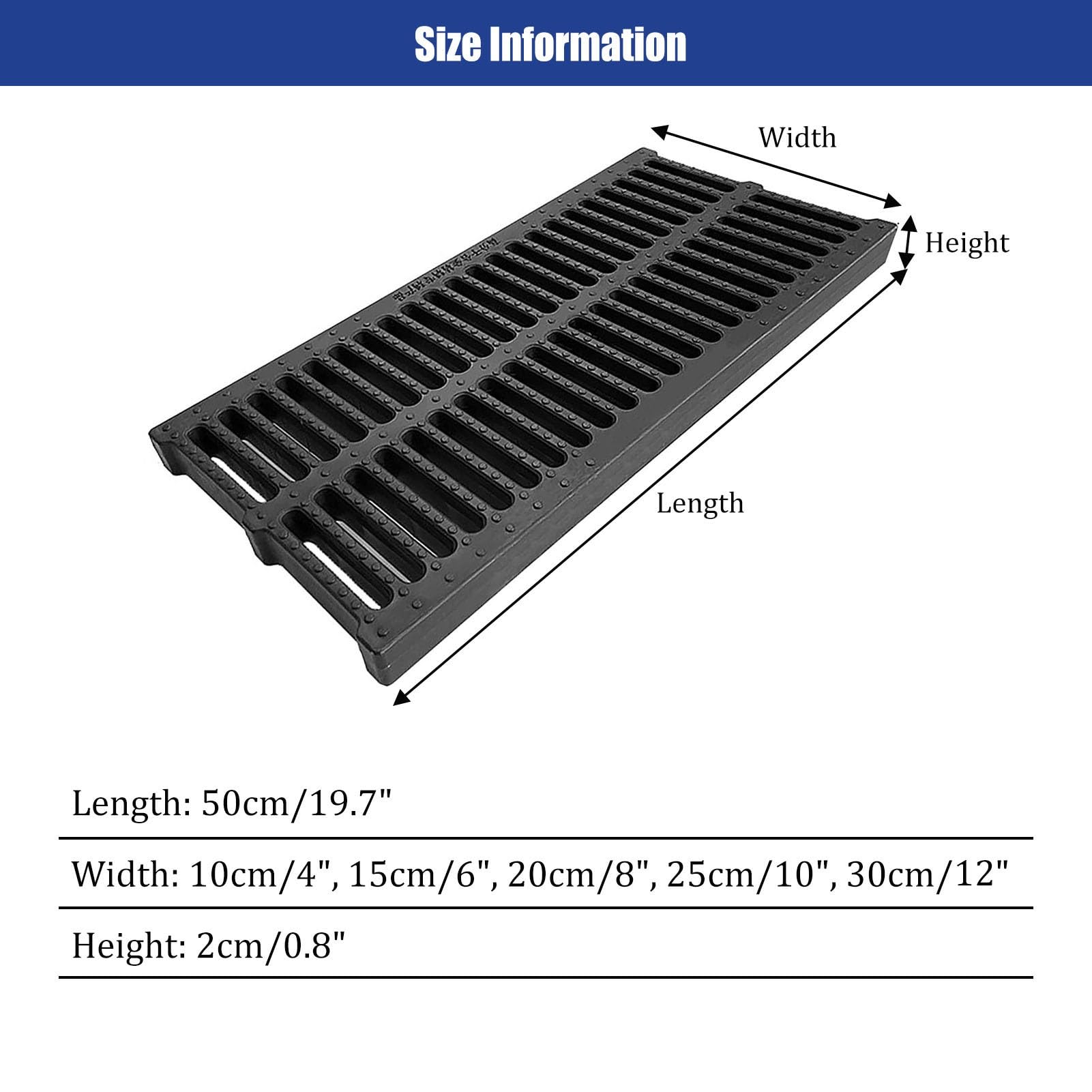 Canaleta Desague Rejilla De Drenaje De Plástico Polímero De 4 A 12 Pulgadas De Ancho, Rejilla Desague De Canal Exterior Para Patios, Entradas De Vehículos, Jardines, Sótanos Y Alcantarillas(50x30x2cm/