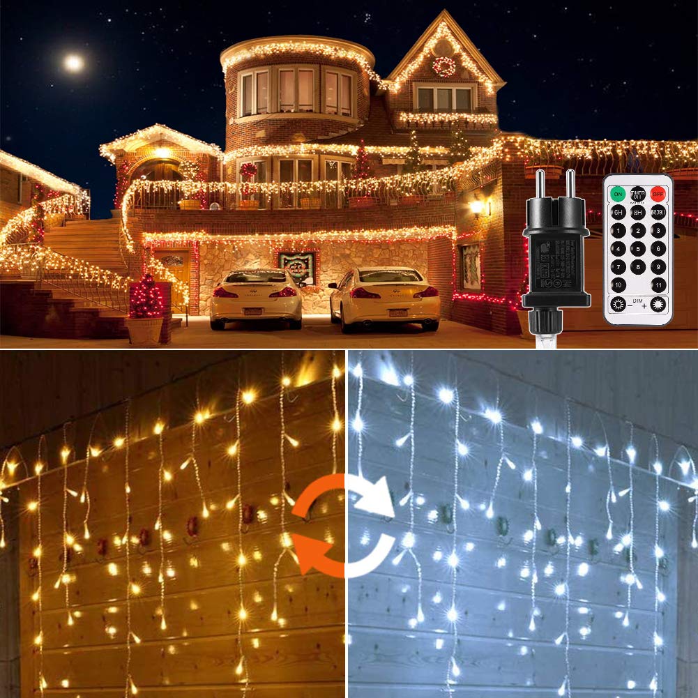 ECOWHO kurtyna świetlna LED, ciepła biel, łańcuch świetlny z 440 diodami LED, lodowy deszcz, 11 trybów pracy, łańcuch świetlny na zewnątrz, możliwość rozszerzenia łańcuchów świetlnych, na Boże Narodzenie, Halloween, wesele, imprezę (9 x 0,8 m)