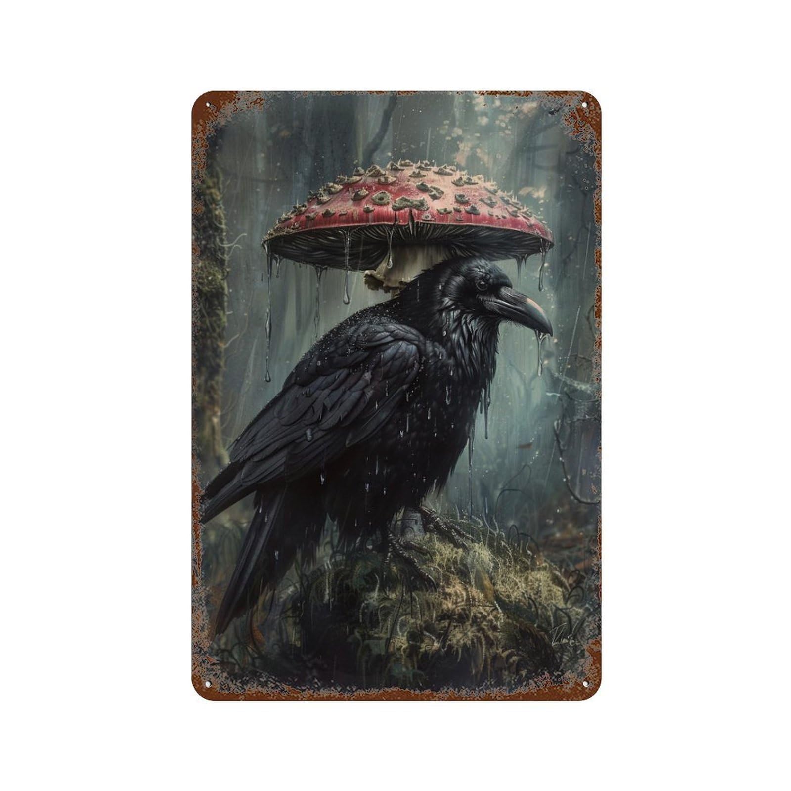 Decorative Tin Sign with Rainy Forest Raven with Umbrella Mushroom-1 Design 11.8"x7.9", for Farmhouse, Kitchen And Entryway Decor, Old School Wall Decor