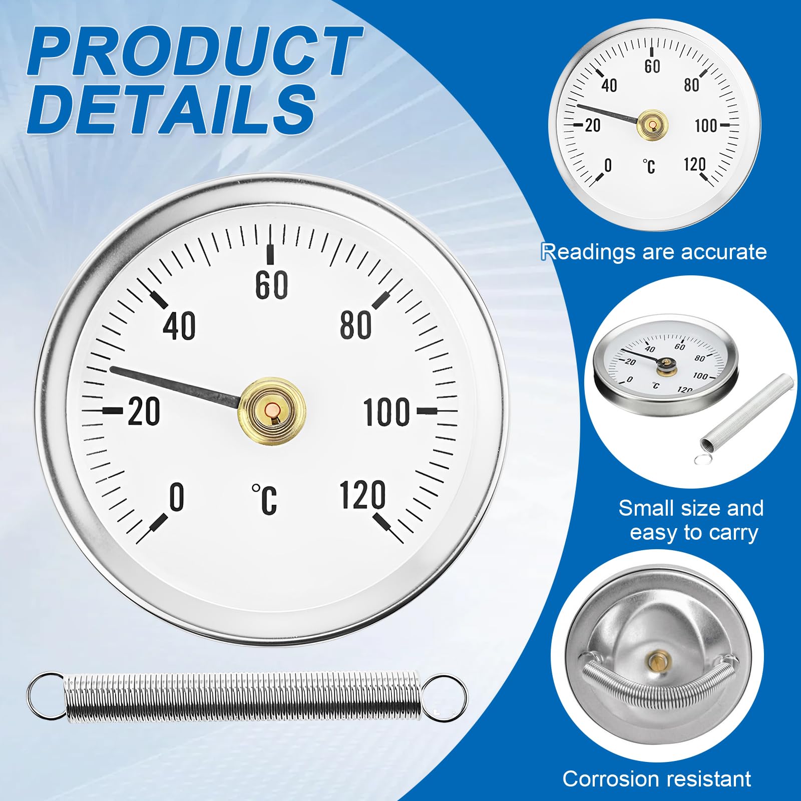 2 Stück Rohrthermometer Heizungsrohr, Rohrthermometer rostfreiem Stahl, Temperaturanzeige mit Clip-On 0-120 ℃, Tragbares Rohrleitungs Thermometer, Überwachung Rohrtemperatur (mit 2 Federn)