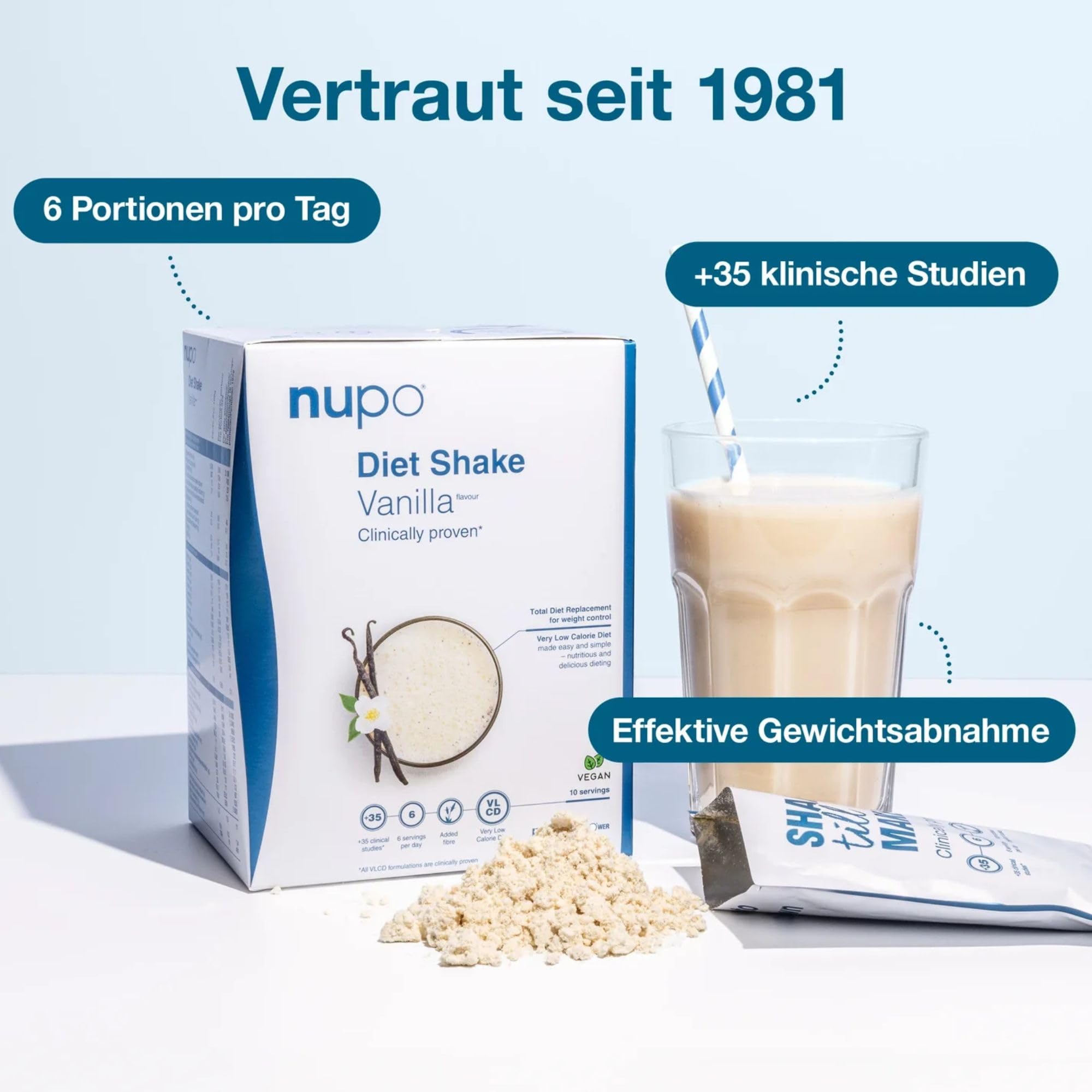 NUPO® Diät Shakes zum Abnehmen Vegan Glutenfrei (Vanille - 10 Portionen) | Leckere Abnehmshakes für Frauen & Männer | Abnehmen Pulver | Trinkmahlzeit als Abnehm Shake | Mahlzeitenersatz Shake