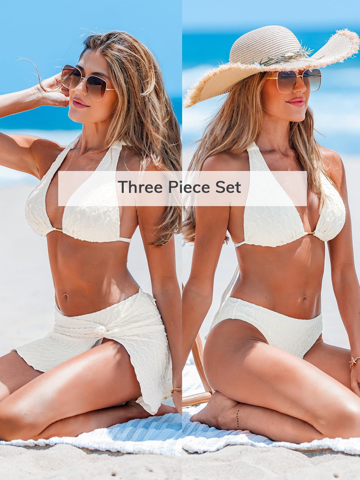 CUPSHE Ensemble de bikini trois pièces pour femme avec col en V texturé dos nu et dos nu noué - Sarong taille basse | Lien à nouer dans le dos, torsion, paréo, taille basse, bonnets doux amovibles, bretelles larges, maillot de bain flatteur