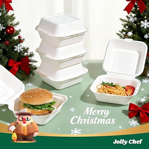 Miniatura 3 de JOLLY CHEF Clamshell - Recipientes de comida para llevar, 6 x 6 pulgadas, paquete de 200 recipientes desechables, cajas de caña de azúcar para