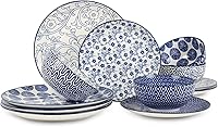 Selamica 12-Piece Vintage Blue Ceramic Dinnerware Set for 4 - Scratch-Resistant Plates & Bowls, Dishwasher Microwave Oven Safe