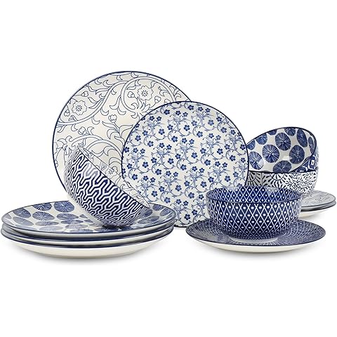 Selamica Ceramic Dinnerware Sets, 12-Pieces Plates and Bowls Sets, Scratch Resistant Dishes set for 4, Dishwasher & Microwave Safe,Vintage Blue
