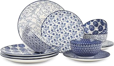 Selamica Ceramic Dinnerware Sets, 12-Pieces Plates and Bowls Sets, Scratch Resistant Dishes set for 4, Dishwasher & Microwave Safe,Vintage Blue