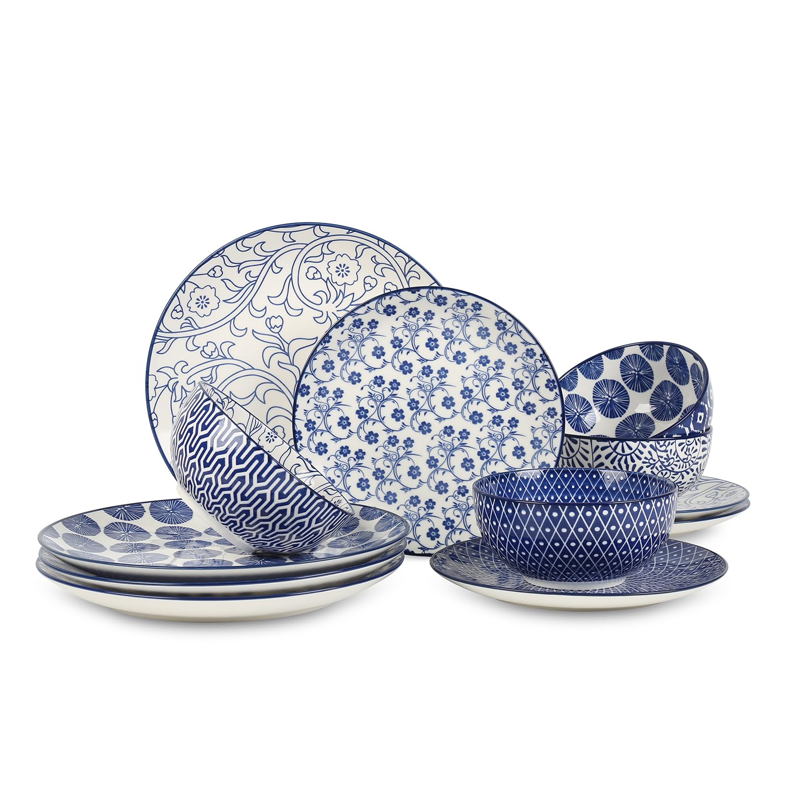 Selamica Ceramic Dinnerware Sets, 12-Pieces Plates and Bowls Sets, Scratch Resistant Dishes set for 4, Dishwasher & Microwave Safe,Vintage Blue